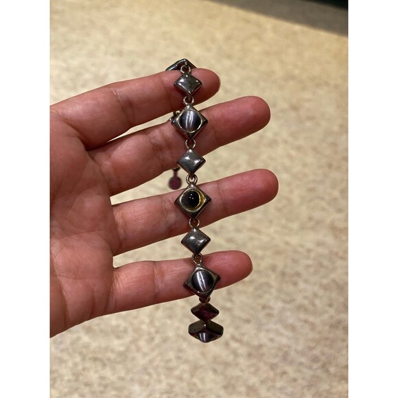 Vintage Faux Blue Cats Eye Silver Tone 7½" Magnetic Clasp Link Bracelet Classic - Picture 10 of 10